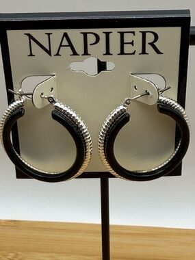 NWT Napier Black & Silver Tone Double Row Hoop Earrings